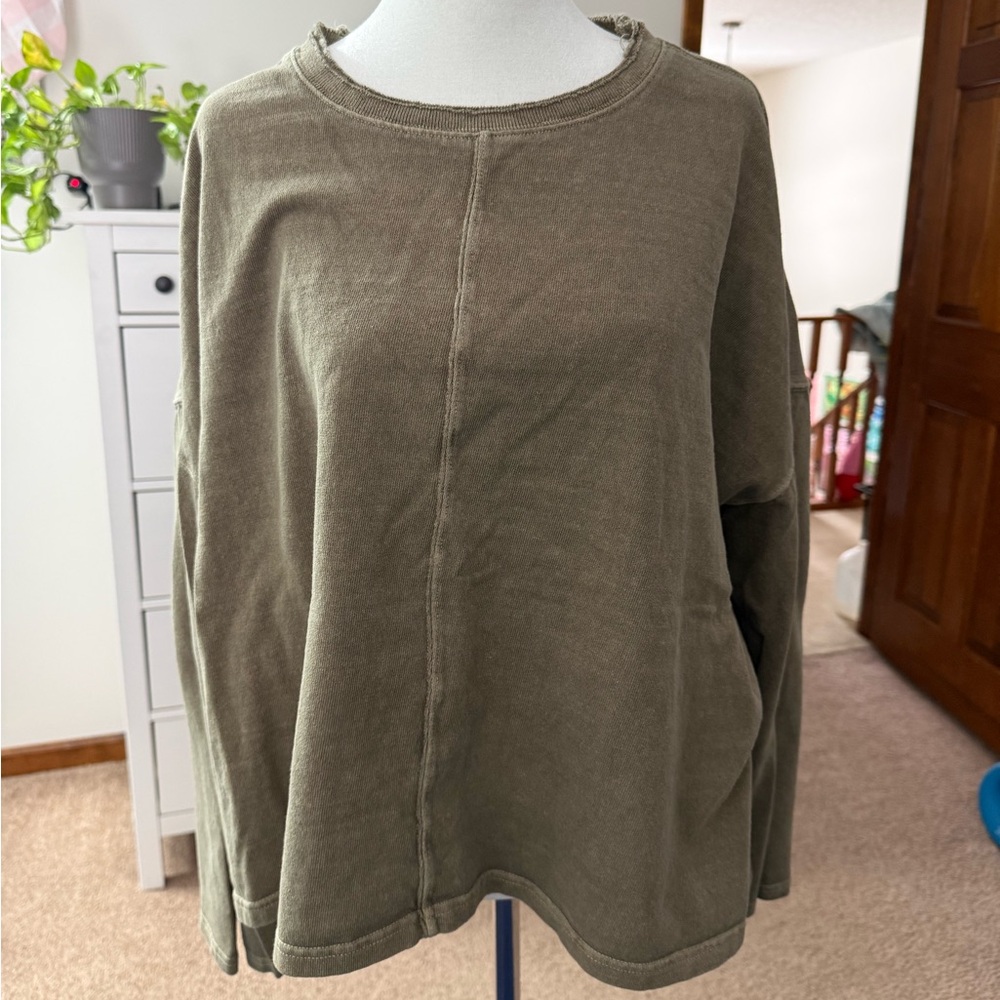 Madewell Olive Oversized Long Sleeve Tee XL Distressed Collar